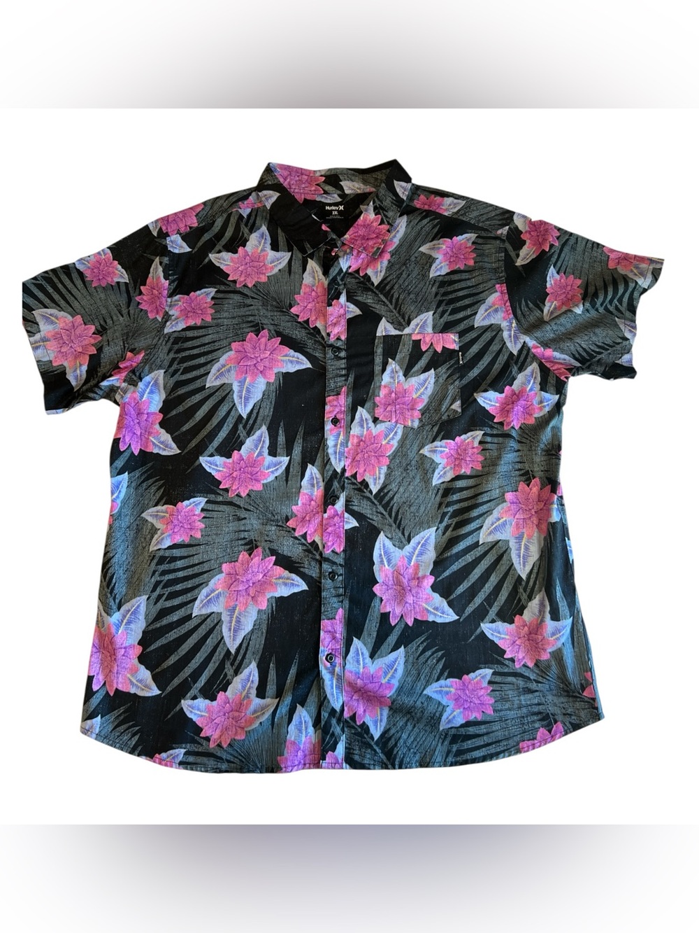 Hawaiian Shirt with Pink Floral Print - Size XXL By Hurley